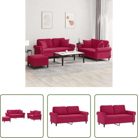 Divano con cuscini -  Set di Divani 3 pz con Cuscini Rosso Vino in Velluto