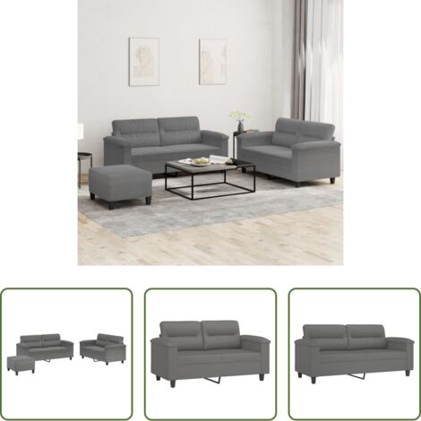 Divano con cuscini -  Set Divani 3 pz con Cuscini Grigio Scuro in Tessuto Microfibra