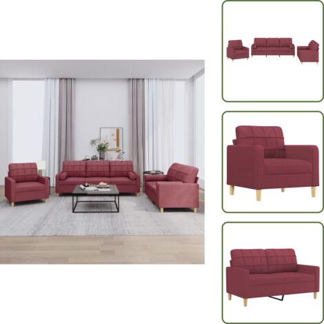 Divano con cuscini - vidaXL Set di Divani 3 pz con Cuscini Rosso Vino in Tessuto - Cuscini a rullo
