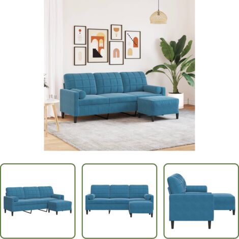 Divano con poggiapiedi -  Divano a 3 Posti con Poggiapiedi Blu 180 cm in Velluto