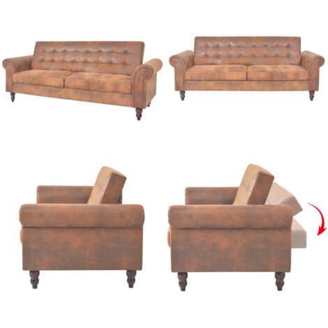 Divano Convertibile a 2 Posti con Braccioli Scamosciato Marrone - Divano a 2 posti - Divano Chesterfield