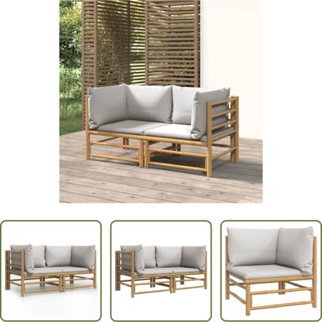 Divano da esterno bambù -  Divani Angolari da Giardino con Cuscini Grigio Chiaro 2pz Bambù