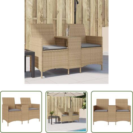 Divano da esterno con cuscini -  Divano Giardino 2 Posti con Tavolo e Cuscini Beige Polyrattan