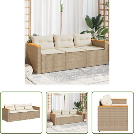 Divano da esterno -  Divano da Giardino con Cuscini a 3 Posti Beige in Polyrattan