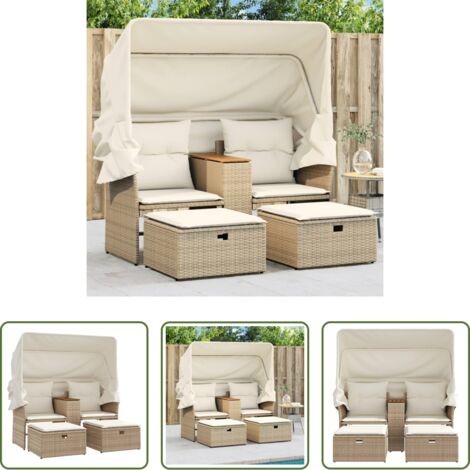 Divano da esterno -  Divano Giardino 2 Posti Baldacchino e Sgabelli Beige Polyrattan