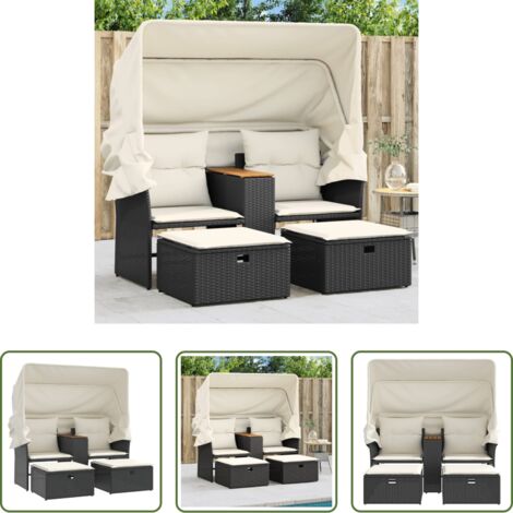 Divano da esterno -  Divano Giardino 2 Posti Baldacchino e Sgabelli Nero Polyrattan