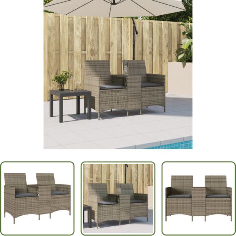 Divano da esterno -  Divano Giardino 2 Posti con Tavolo e Cuscini Grigio Polyrattan