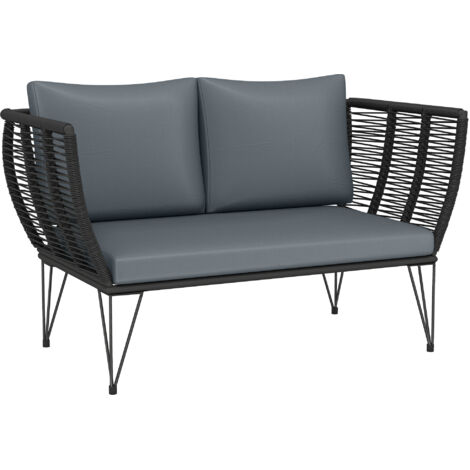 Divano da esterno per patio con cuscini, divano a 2 posti, divano per balcone, divano in rattan, mobili da giardino in polyrattan, 123 x 67 x 72 cm, grigio chiaro