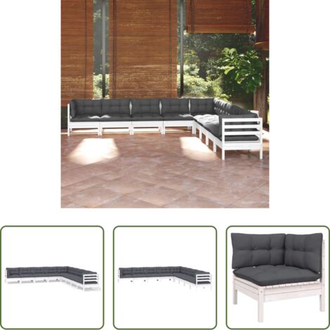 Divano da esterno -  Set Divani da Giardino 9 pz con Cuscini Bianchi Legno di Pino