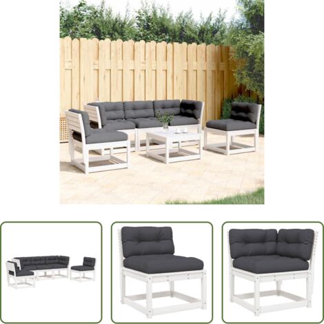 Divano da esterno -  Set Divani Giardino 5pz con Cuscini Bianco Legno Massello Pino