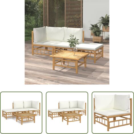 Divano da esterno -  Set Salotto da Giardino 4pz con Cuscini Bianco Crema in Bambù