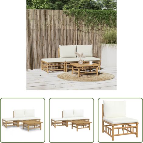 Divano da esterno -  Set Salotto da Giardino 4pz con Cuscini Bianco Crema in Bambù