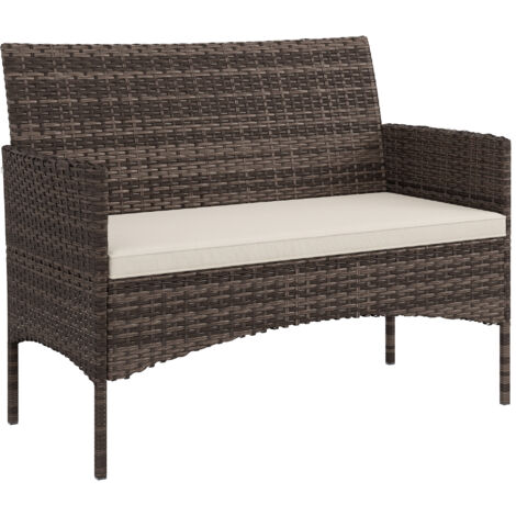 Divano da Giardino 2 Posti con Cuscini e Tappetini Antiscivolo, in Rattan e Acciaio, 115x63x85 cm, Beige