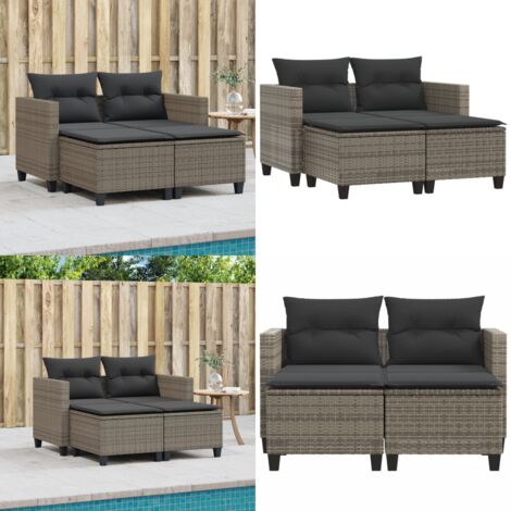 Divano da Giardino 2 Posti con Sgabelli Grigio in Polyrattan - Sgabello da giardino - Rattan PE