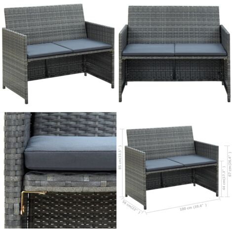 Divano da Giardino a 2 Posti con Cuscini Grigio in Polyrattan - Divano da esterno - Polirattan
