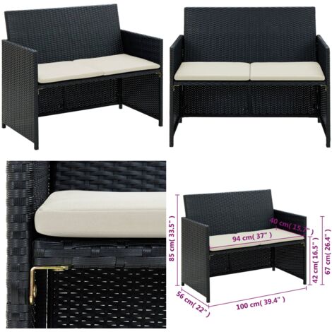 Divano da Giardino a 2 Posti con Cuscini in Polyrattan Nero - Divano da esterno - Polirattan
