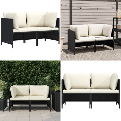 Divano da Giardino a 2 Posti con Cuscini Nero in Polyrattan - Divano da esterno - Divano a 2 posti