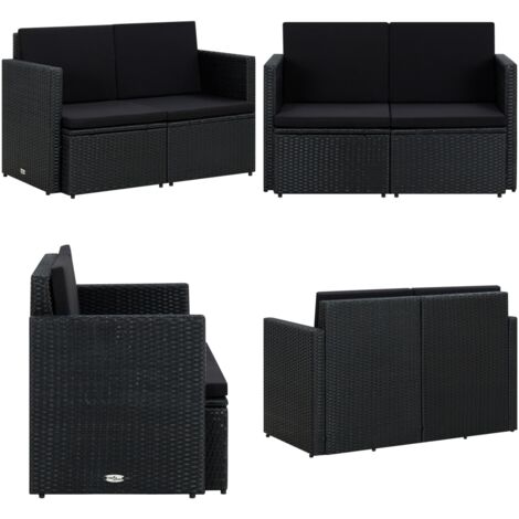 Divano da Giardino a 2 Posti con Cuscini Nero in Polyrattan - Divano da patio - Divano in rattan