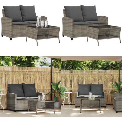 Divano da Giardino a 2 Posti Cuscini&Tavolo Grigio Polyrattan - Tavolino da giardino - Cuscini da giardino