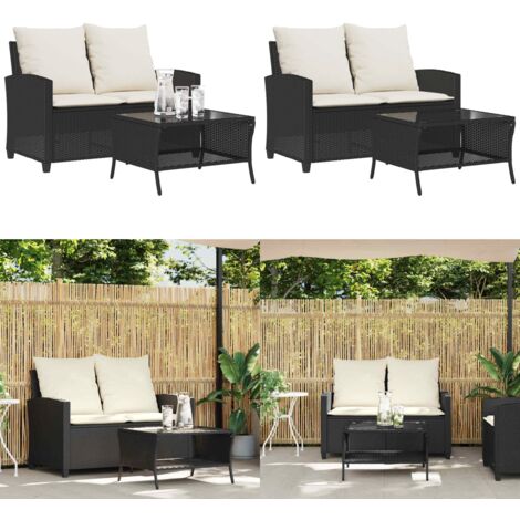 Divano da Giardino a 2 Posti Cuscini&Tavolo Nero in Polyrattan - Tavolino da giardino - Cuscini da giardino