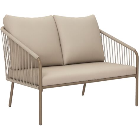 Divano da giardino a 2 posti in resina intrecciata con cuscini da esterno, struttura braccioli in acciaio, 112x72x76 cm, beige