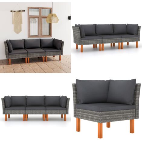 Divano da Giardino a 3 Posti con Cuscini Grigio in Polyrattan - Divano esterno - Cuscini per divano