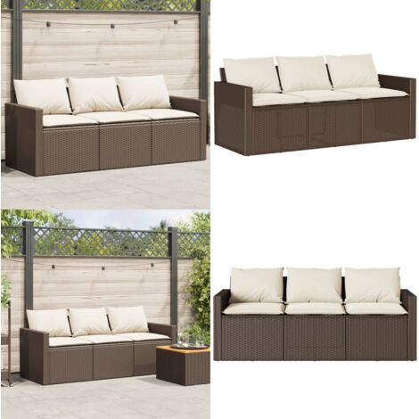 Divano da Giardino a 3 Posti con Cuscini in Polyrattan Marrone - Divano da esterno - Cuscini da seduta