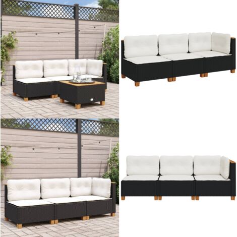 Divano da Giardino a 3 Posti con Cuscini Nero in Polyrattan - Divano da esterno - Cuscini da seduta