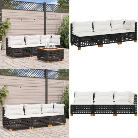 Divano da Giardino a 3 Posti con Cuscini Nero in Polyrattan - Divano da esterno - Cuscini da seduta