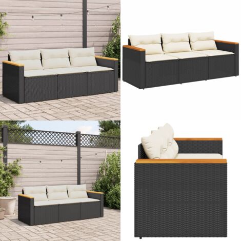 Divano da Giardino a 3 Posti con Cuscini Nero in Polyrattan - Divano da esterno - Cuscini da seduta