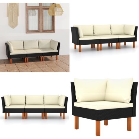 Divano da Giardino a 3 Posti con Cuscini Nero in Polyrattan - Divano esterno - Divano a 3 posti