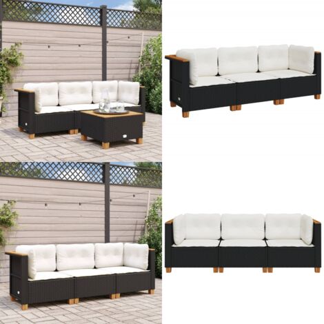 Divano da Giardino a 3 Posti con Cuscini Nero in Polyrattan - Sedute angolari - Cuscini lavabili