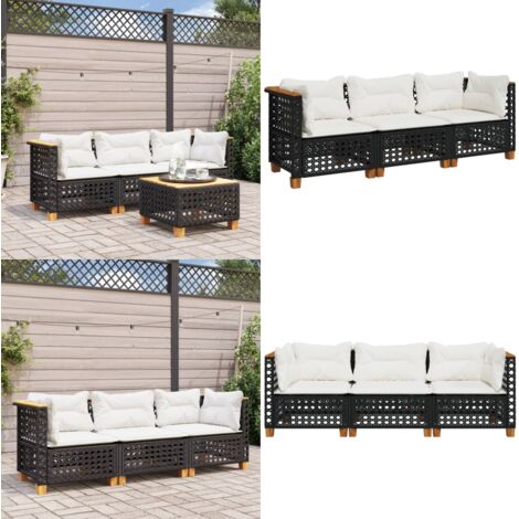 Divano da Giardino a 3 Posti con Cuscini Nero in Polyrattan - Sedute angolari - Cuscini lavabili