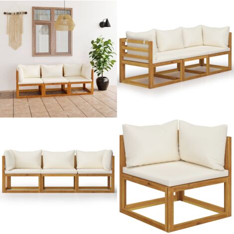 Divano da Giardino a 3 Posti con Cuscino Crema Massello Acacia - Divano in legno - Divano da esterno