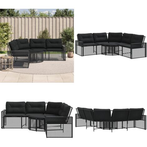 Divano da Giardino a L con Cuscini e Pouf Nero in Polyrattan - Divano a forma di L - Cuscini da giardino