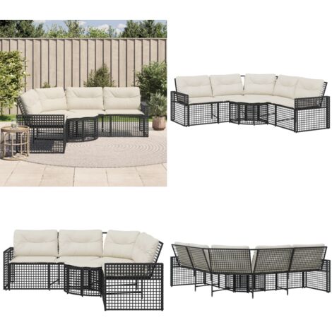 Divano da Giardino a L con Cuscini e Pouf Nero in Polyrattan - Divano a forma di L - Cuscini da giardino