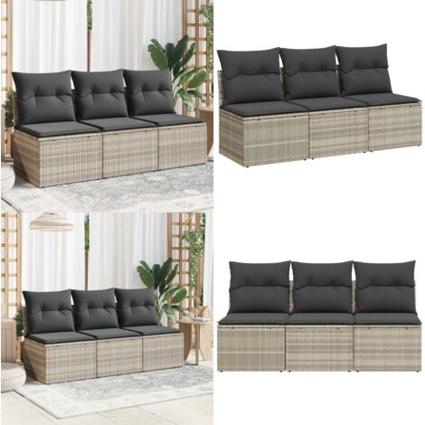Divano da Giardino con Cuscini 3 Posti Grigio Chiaro Polyrattan - Cuscini da seduta - Rattan PE