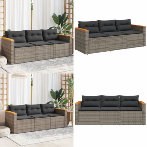 Divano da Giardino con Cuscini 3 Posti Grigio in Polyrattan - Divano da esterno - Cuscini da seduta