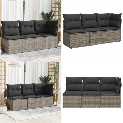 Divano da Giardino con Cuscini 3 Posti Grigio in Polyrattan - Seduta angolare - Cuscini da giardino