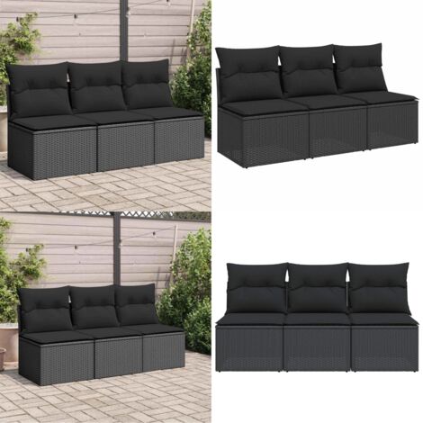 Divano da giardino con cuscini 3 posti nero in polyrattan - Divano a 3 posti - Rattan PE