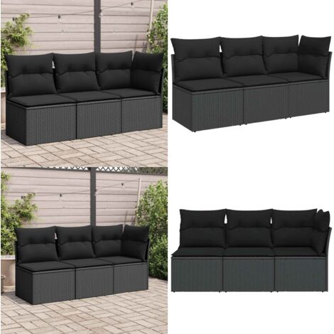 Divano da giardino con cuscini 3 posti nero in polyrattan - Seduta angolare - Cuscini da giardino