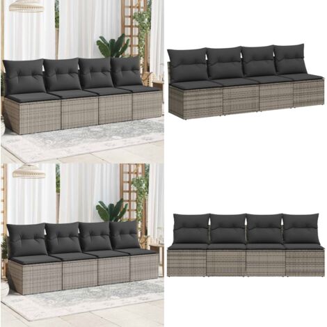 Divano da Giardino con Cuscini 4 Posti Grigio in Polyrattan - Cuscini da seduta - Rattan sintetico