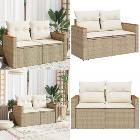 Divano da Giardino con Cuscini a 2 Posti Beige in Polyrattan - Seduta da giardino - Cuscino da giardino