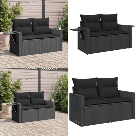 Divano da Giardino con Cuscini a 2 Posti Nero in Polyrattan - Cuscini da seduta - Rattan sintetico