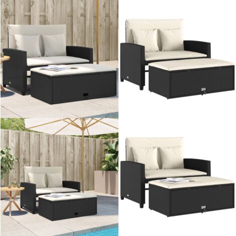Divano da Giardino con Cuscini a 2 Posti Nero in Polyrattan - Divano da esterno - Poggiapiedi da giardino