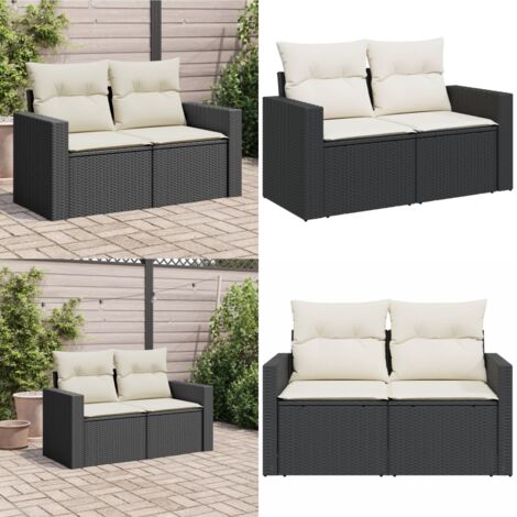 Divano da Giardino con Cuscini a 2 Posti Nero in Polyrattan - Seduta da giardino - Cuscino da giardino