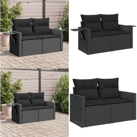 Divano da Giardino con Cuscini a 2 Posti Nero in Polyrattan - Seduta da giardino - Cuscino da giardino