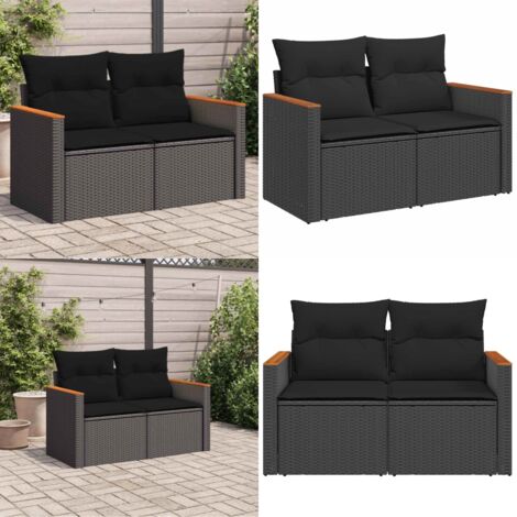 Divano da Giardino con Cuscini a 2 Posti Nero in Polyrattan - Seduta da giardino - Cuscino da giardino