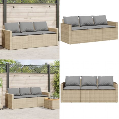 Divano da Giardino con Cuscini a 3 Posti Beige in Polyrattan - Cuscini da seduta - Rattan PE