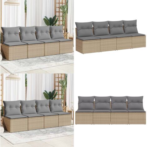 Divano da Giardino con Cuscini a 4 Posti Beige in Polyrattan - Seduta esterna - Cuscini per divano